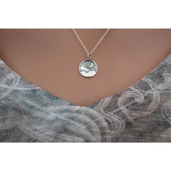 Sterling Silver Mountain Charm with Bronze Crescent Moon Necklace - Picture 4 of 4